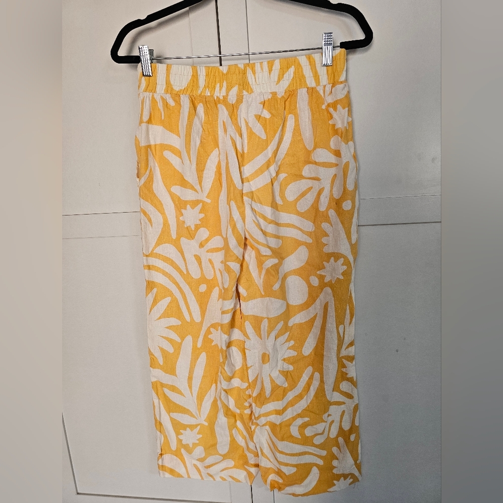 Christian Siriano Yellow Floral Linen Blend Cropped Capri Pants Sz M 24 Inseam - Picture 3 of 10